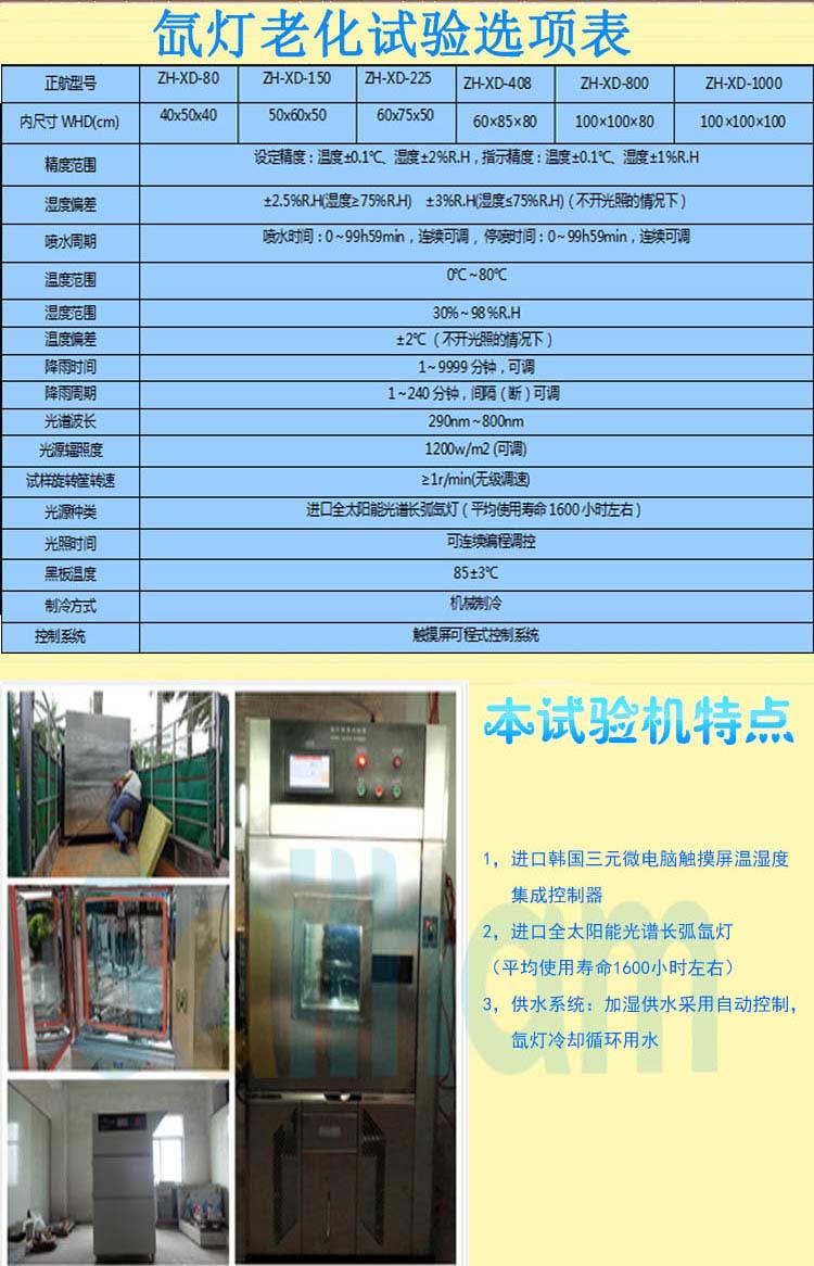 氙灯老化试验机选型表介绍